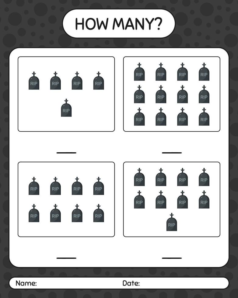 How many counting game with tombstone. worksheet for preschool kids, kids activity sheet vector