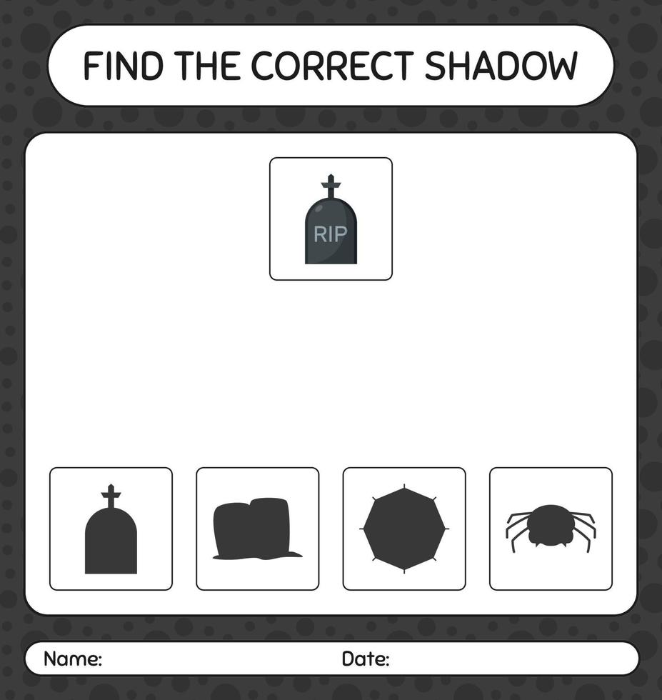 Find the correct shadows game with tombstone. worksheet for preschool kids, kids activity sheet vector