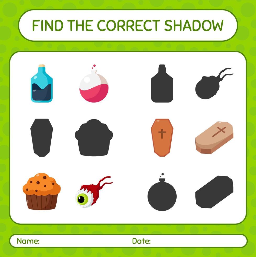 Find the correct shadows game with halloween icon. worksheet for preschool kids, kids activity sheet vector