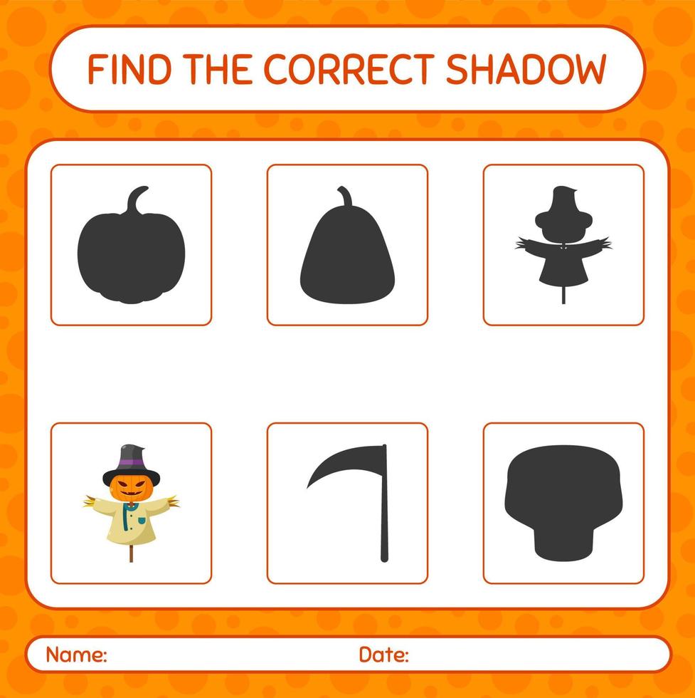 Find the correct shadows game with scarecrow. worksheet for preschool kids, kids activity sheet vector