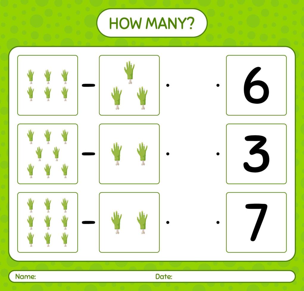 How many counting game with zombie's hand. worksheet for preschool kids, kids activity sheet vector