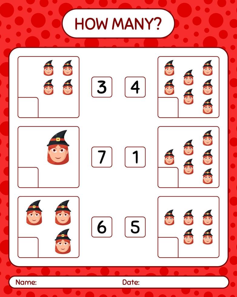 How many counting game with witch. worksheet for preschool kids, kids activity sheet vector