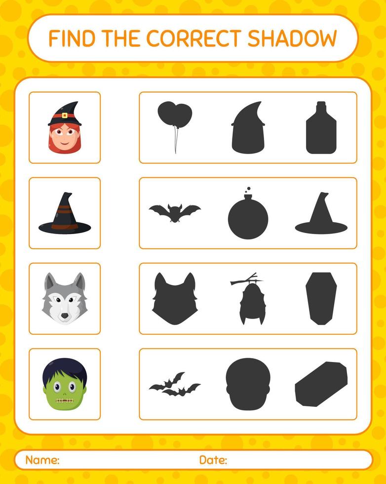 Find the correct shadows game with halloween icon. worksheet for preschool kids, kids activity sheet vector