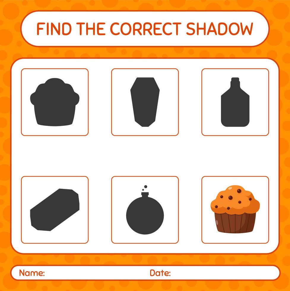 encuentra el juego de sombras correcto con cupcake. hoja de trabajo para niños en edad preescolar, hoja de actividades para niños vector