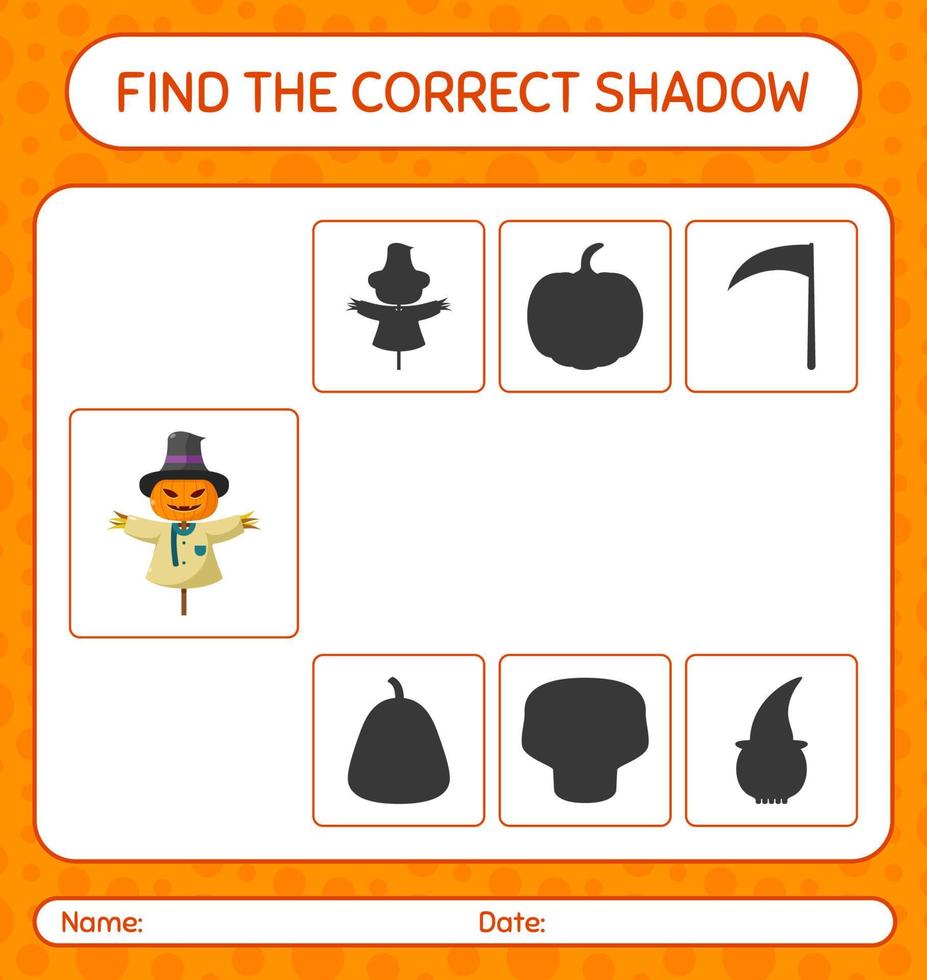 Find the correct shadows game with scarecrow. worksheet for preschool kids, kids activity sheet vector