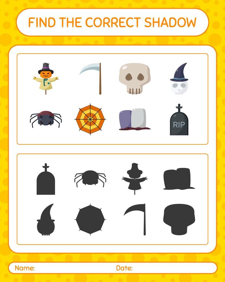 encuentra el juego de sombras correcto con el icono de halloween. hoja de trabajo para niños en edad preescolar, hoja de actividades para niños vector