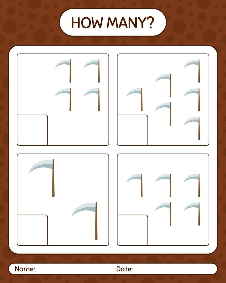 How many counting game with scythe. worksheet for preschool kids, kids activity sheet vector