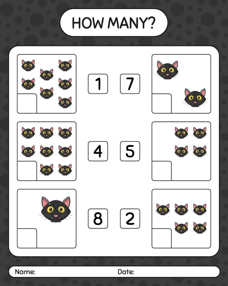 How many counting game with cat. worksheet for preschool kids, kids activity sheet vector