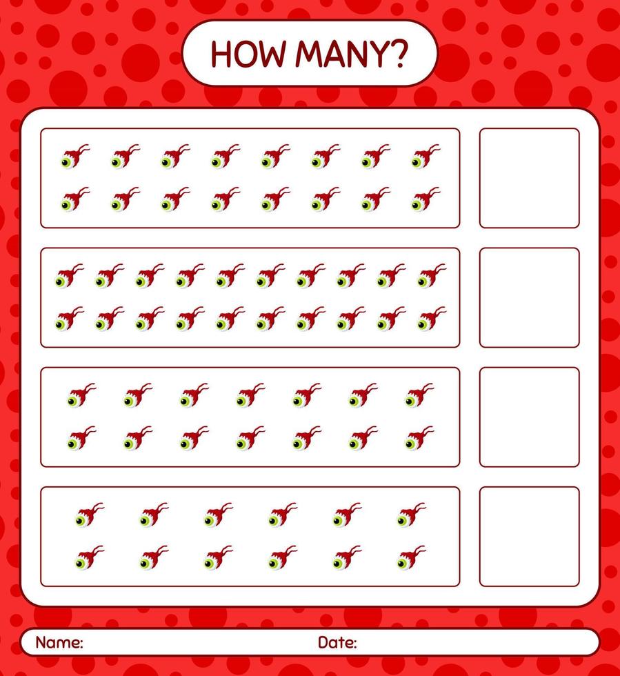 How many counting game with eyeball. worksheet for preschool kids, kids activity sheet vector