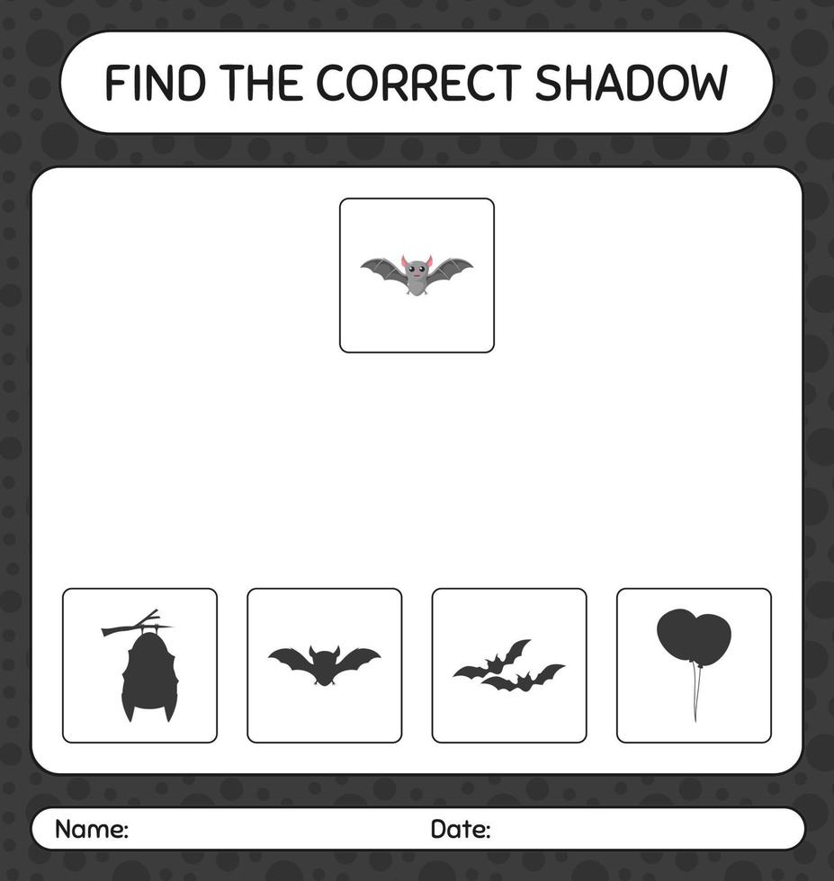 encuentra el juego de sombras correcto con bat. hoja de trabajo para niños en edad preescolar, hoja de actividades para niños vector