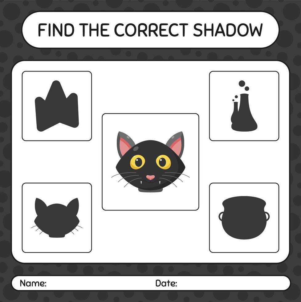 Find the correct shadows game with black cat. worksheet for preschool kids, kids activity sheet vector