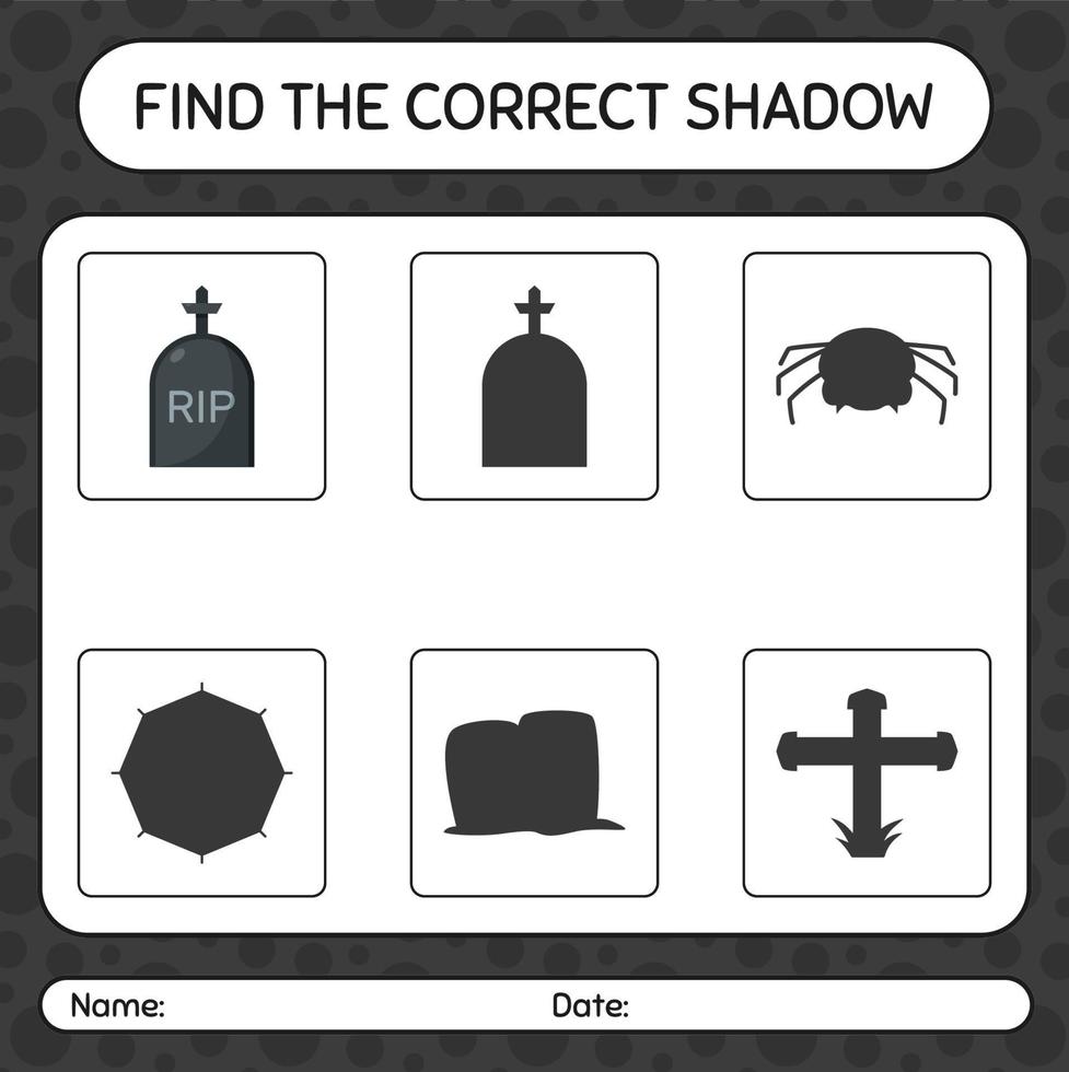 encuentra el juego de sombras correcto con tombstone. hoja de trabajo para niños en edad preescolar, hoja de actividades para niños vector