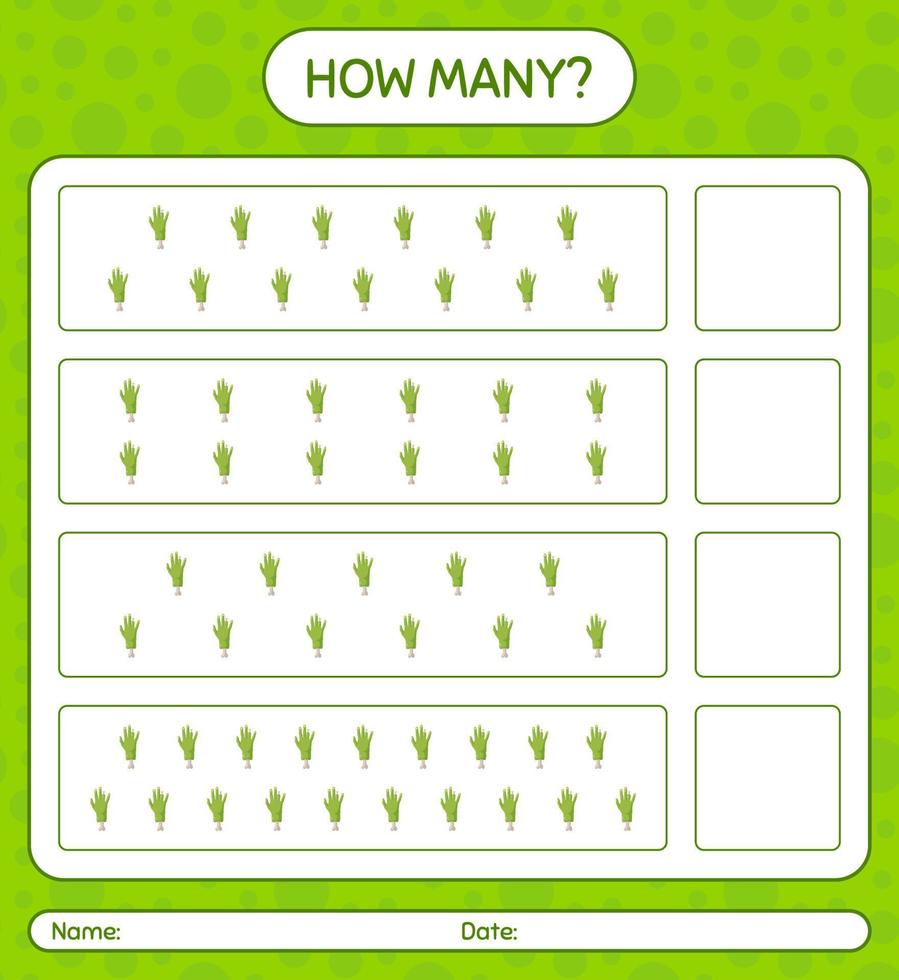 How many counting game with zombie's hand. worksheet for preschool kids, kids activity sheet vector