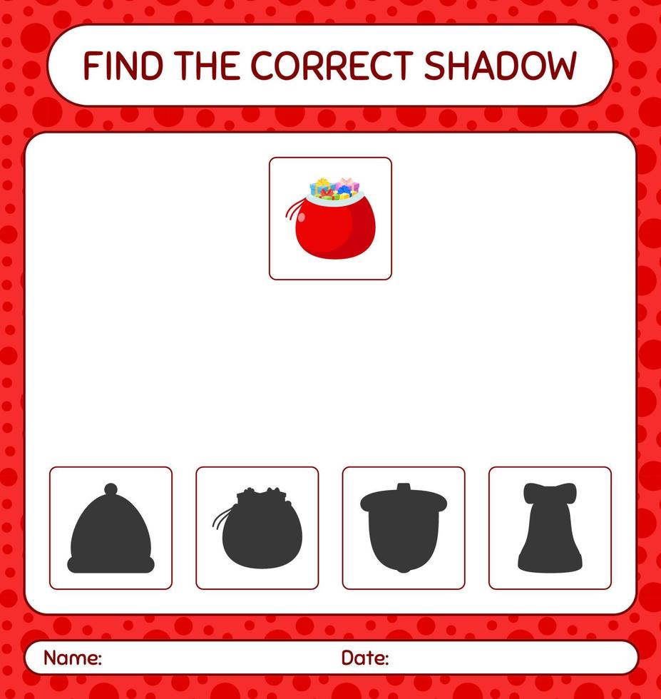 Find the correct shadows game with santa's bag. worksheet for preschool kids, kids activity sheet vector