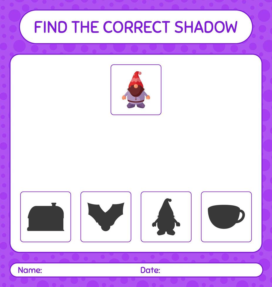 Find the correct shadows game with gnome. worksheet for preschool kids, kids activity sheet vector