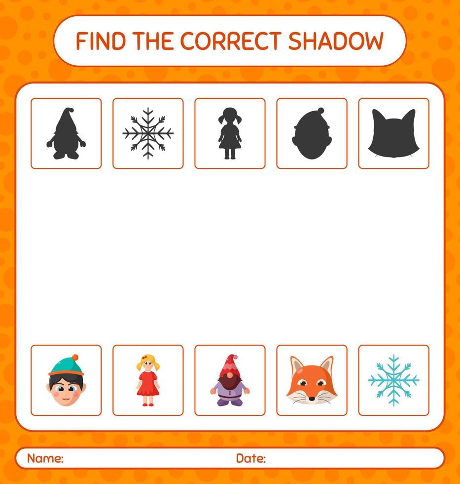 Find the correct shadows game with christmas icon. worksheet for preschool kids, kids activity sheet vector