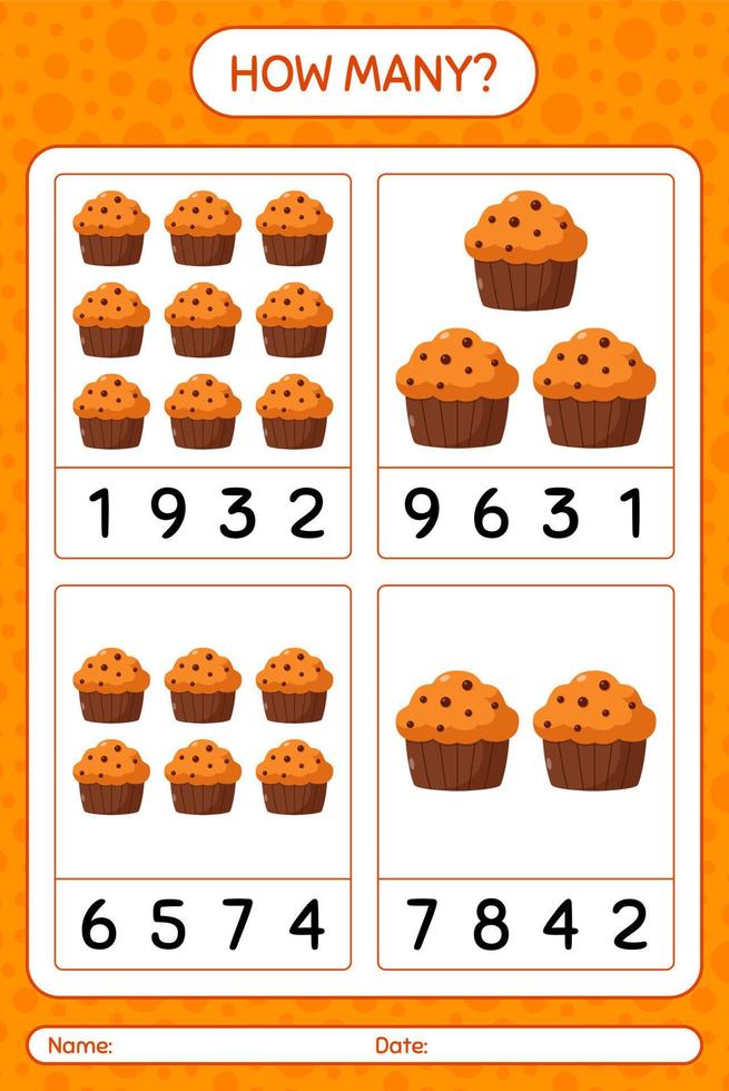 How many counting game with cupcake. worksheet for preschool kids, kids activity sheet vector