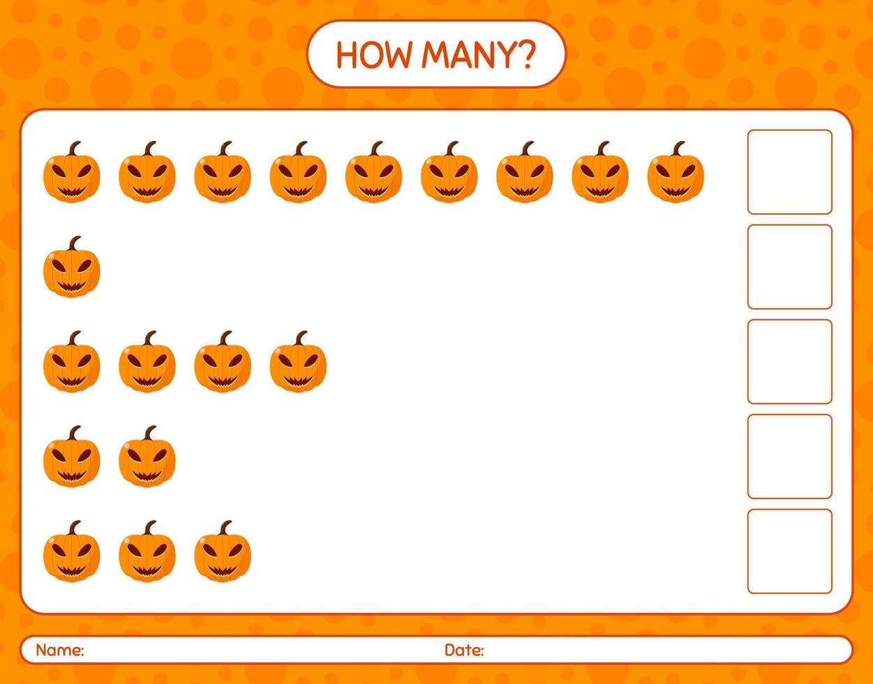 How many counting game with jack o' lantern. worksheet for preschool kids, kids activity sheet vector