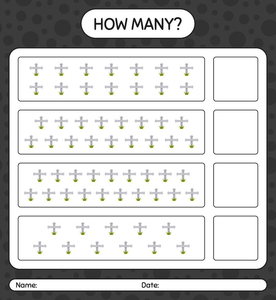 How many counting game with tombstone. worksheet for preschool kids, kids activity sheet vector