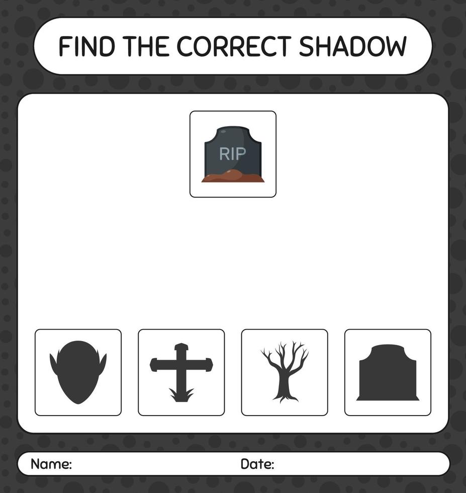 Find the correct shadows game with tombstone. worksheet for preschool kids, kids activity sheet vector