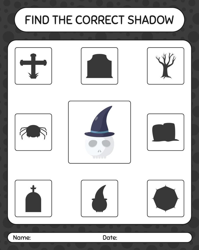 encuentra el juego de sombras correcto con calavera. hoja de trabajo para niños en edad preescolar, hoja de actividades para niños vector