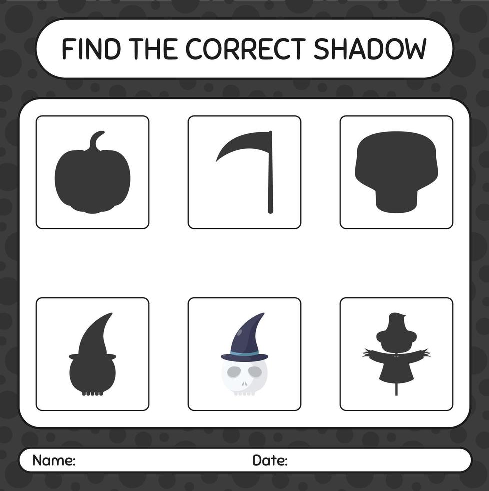 Find the correct shadows game with skull. worksheet for preschool kids, kids activity sheet vector