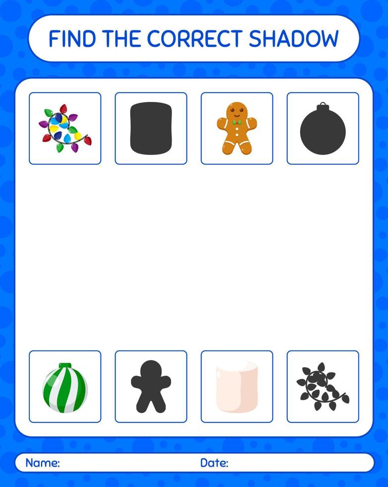 encuentra el juego de sombras correcto con el icono de navidad. hoja de trabajo para niños en edad preescolar, hoja de actividades para niños vector