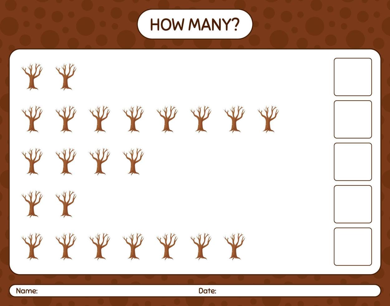 How many counting game with dead tree. worksheet for preschool kids, kids activity sheet vector