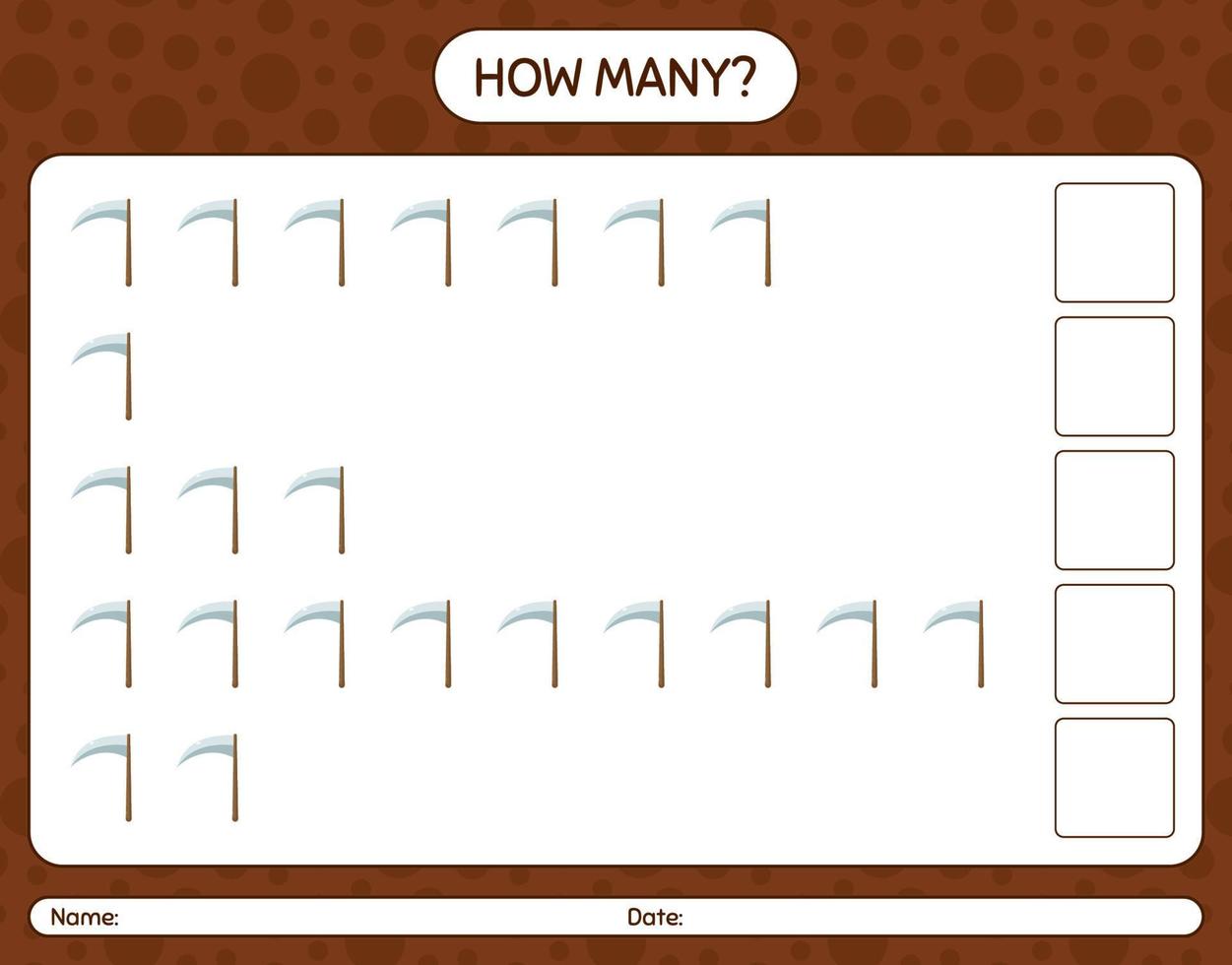 How many counting game with scythe. worksheet for preschool kids, kids activity sheet vector