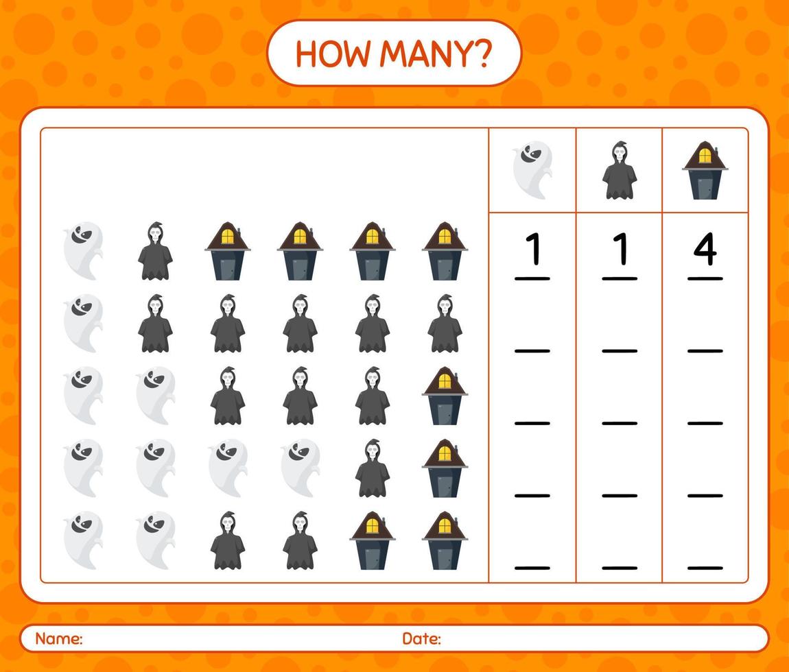 How many counting game with halloween icon. worksheet for preschool kids, kids activity sheet vector