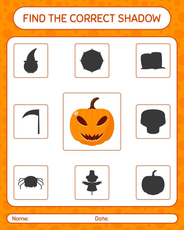 Find the correct shadows game with jack o' lantern. worksheet for preschool kids, kids activity sheet vector