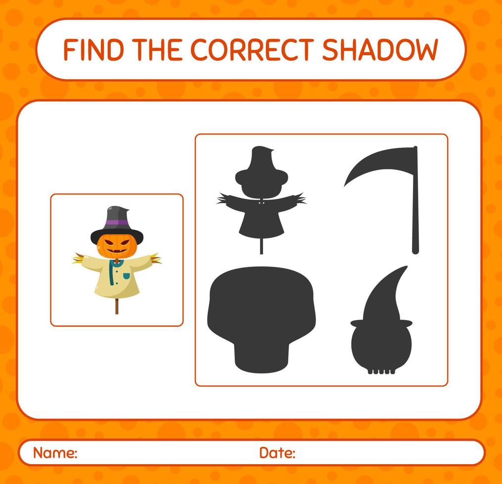 Find the correct shadows game with scarecrow. worksheet for preschool kids, kids activity sheet vector