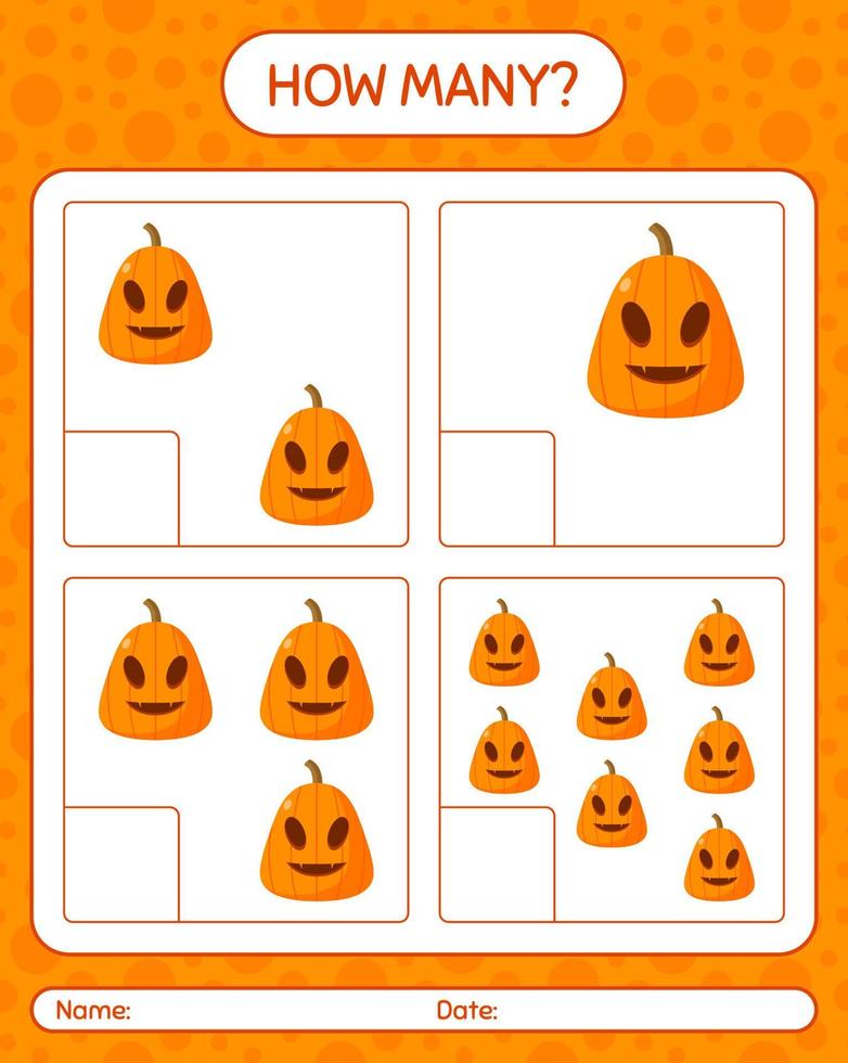 How many counting game with jack o' lantern. worksheet for preschool kids, kids activity sheet vector