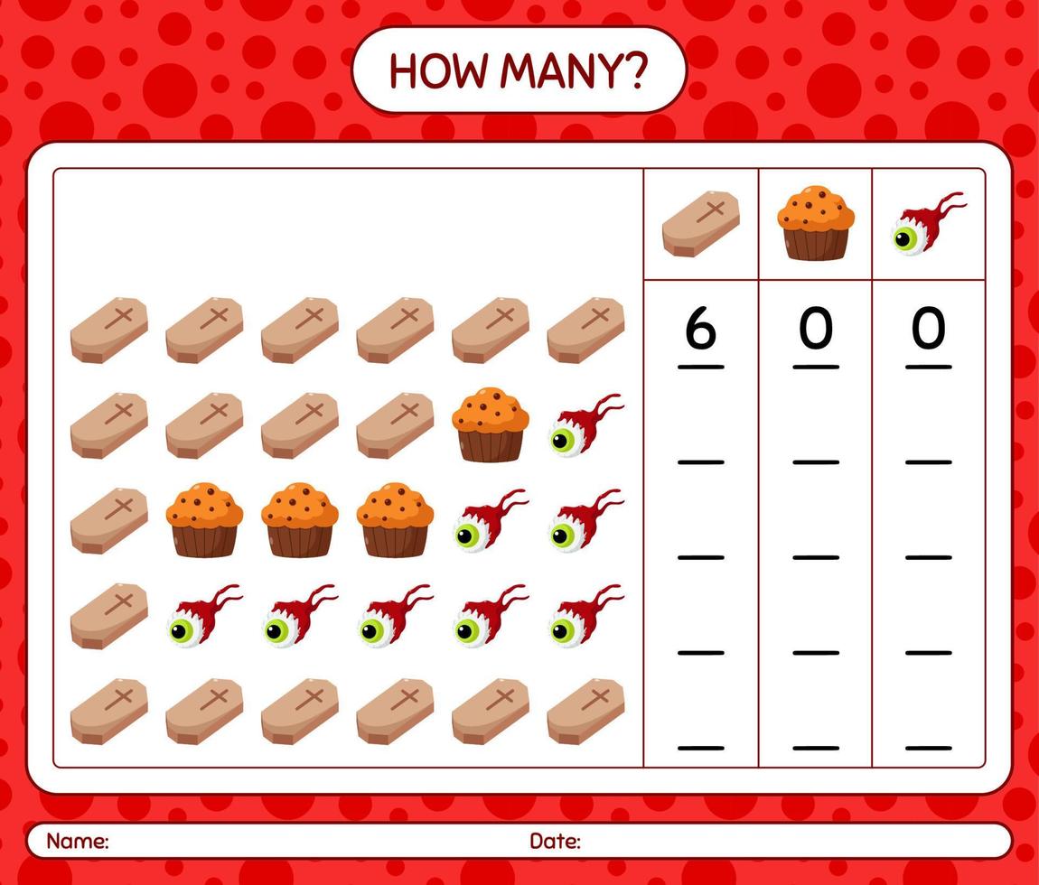 How many counting game with halloween icon. worksheet for preschool kids, kids activity sheet vector
