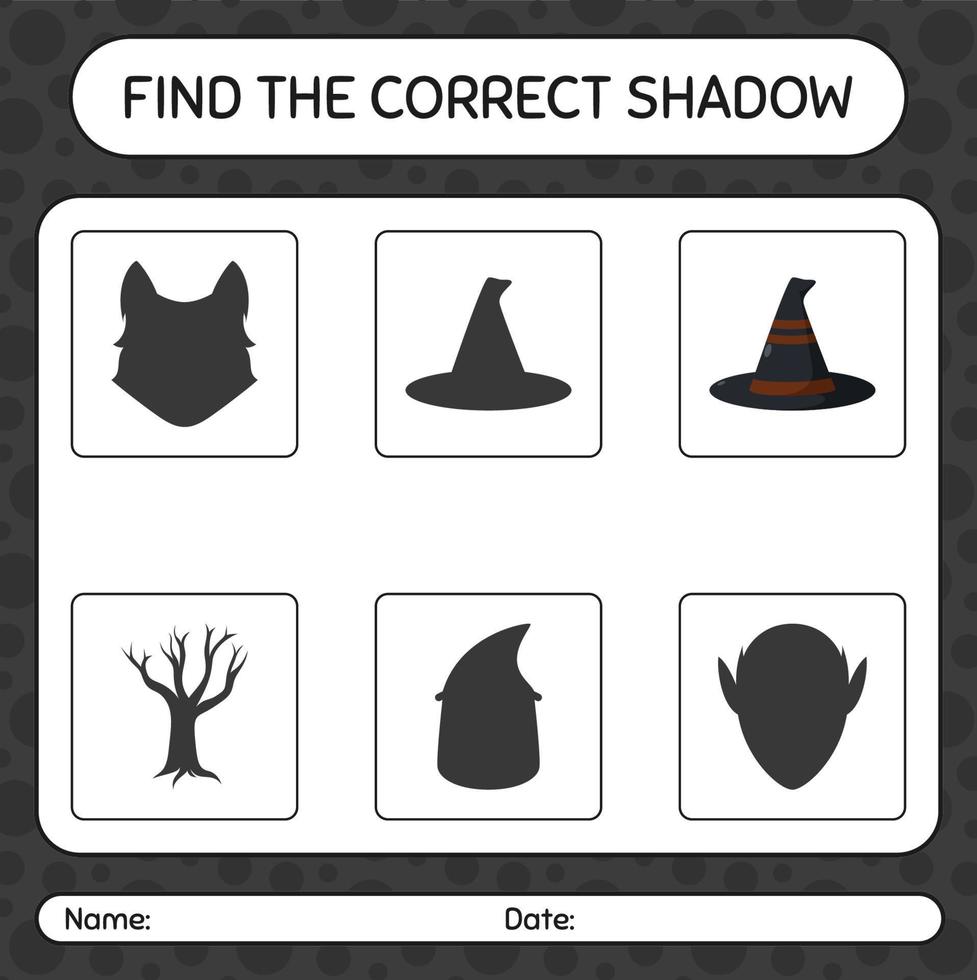 Find the correct shadows game with witch's hat. worksheet for preschool kids, kids activity sheet vector