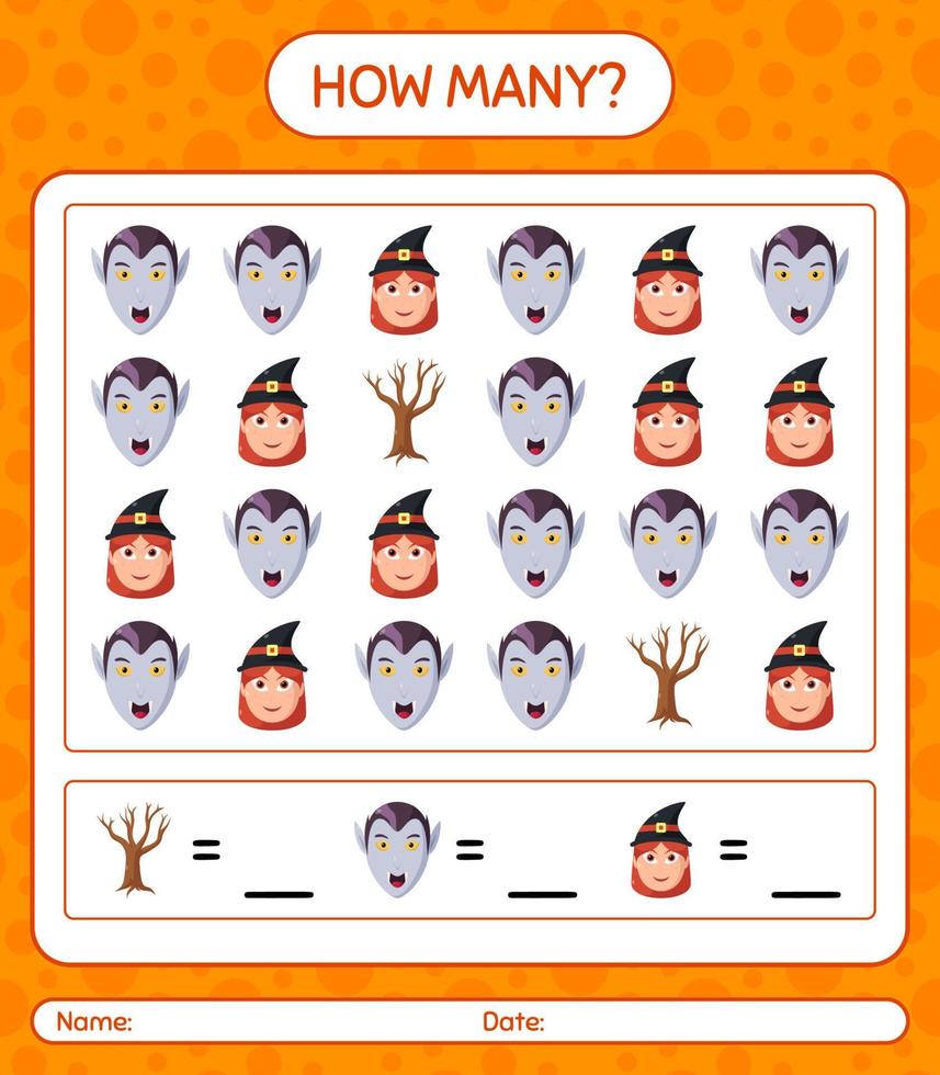 How many counting game with halloween icon. worksheet for preschool kids, kids activity sheet vector