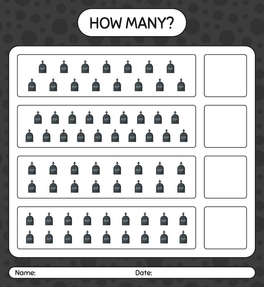 How many counting game with tombstone. worksheet for preschool kids, kids activity sheet vector