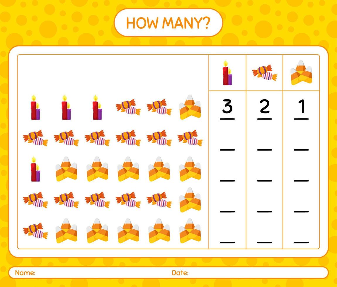 How many counting game with halloween icon. worksheet for preschool kids, kids activity sheet vector
