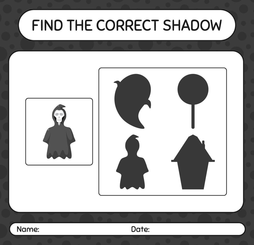 Encuentra el juego de sombras correcto con Grim Reaper. hoja de trabajo para niños en edad preescolar, hoja de actividades para niños vector