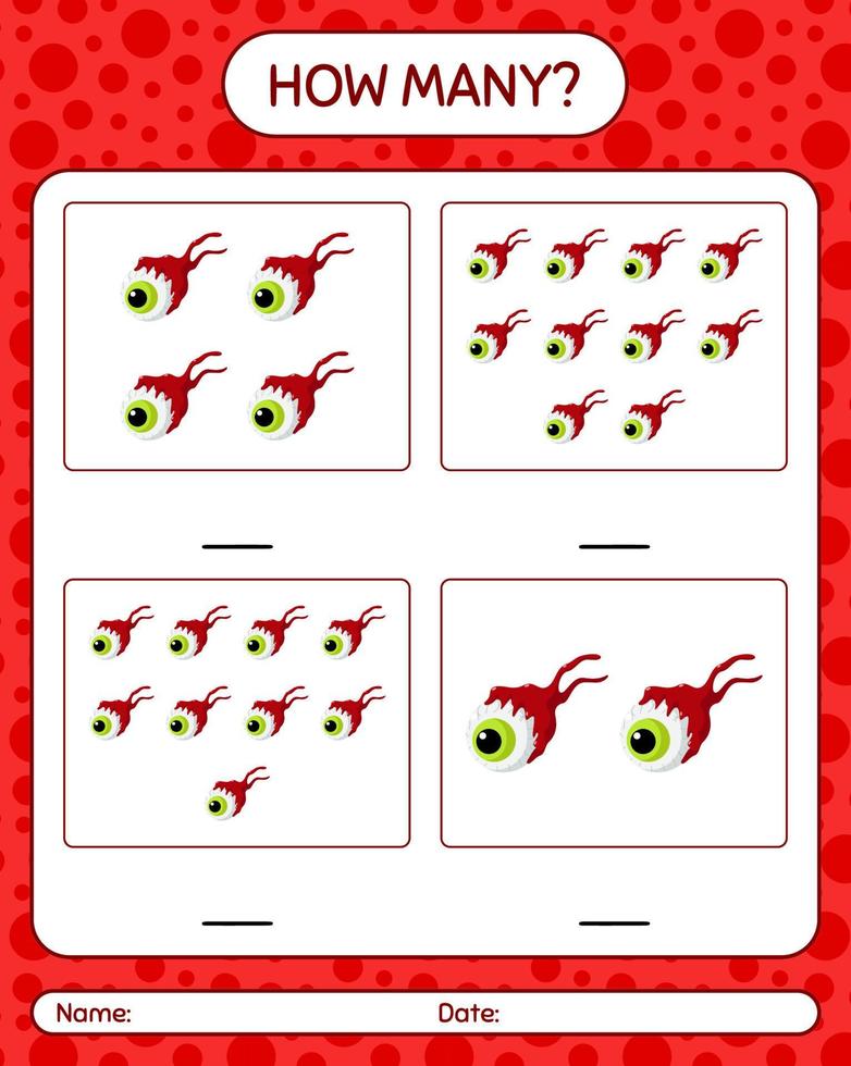 How many counting game with eyeball. worksheet for preschool kids, kids activity sheet vector