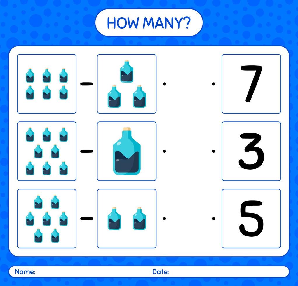 How many counting game with chemistry tube. worksheet for preschool kids, kids activity sheet vector