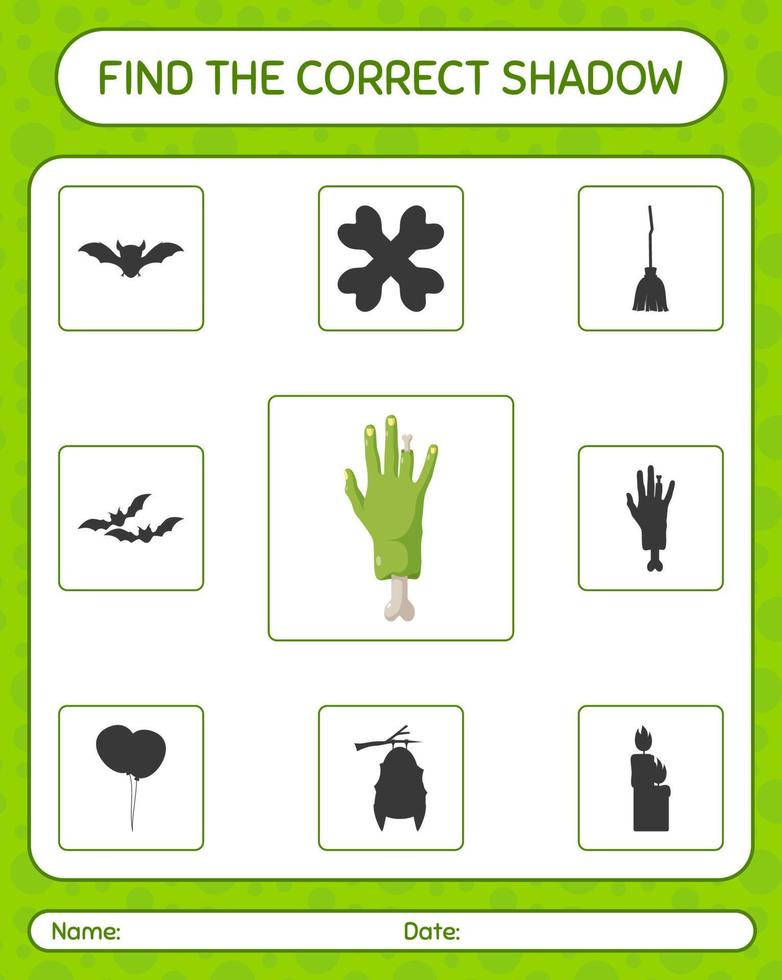 Find the correct shadows game with zombie's hand. worksheet for preschool kids, kids activity sheet vector