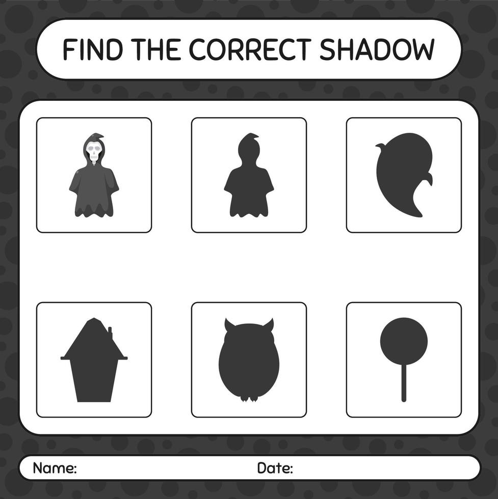 Find the correct shadows game with grim reaper. worksheet for preschool kids, kids activity sheet vector