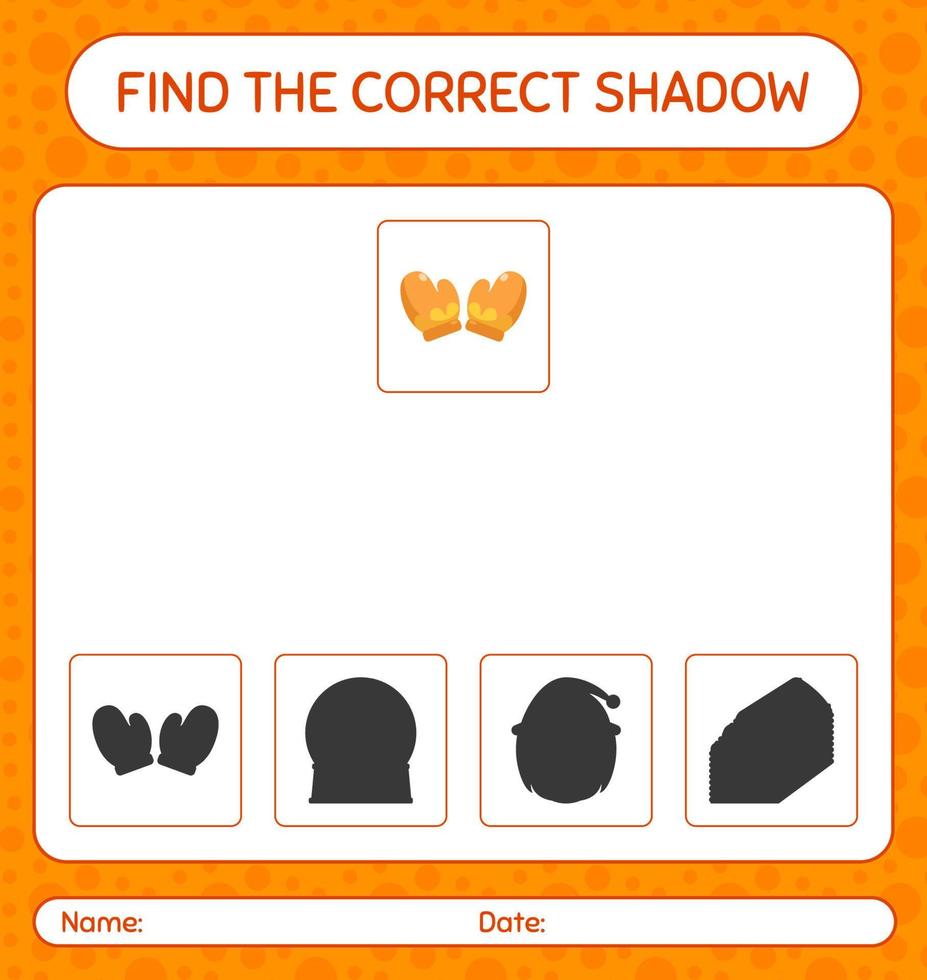 Find the correct shadows game with glove. worksheet for preschool kids, kids activity sheet vector