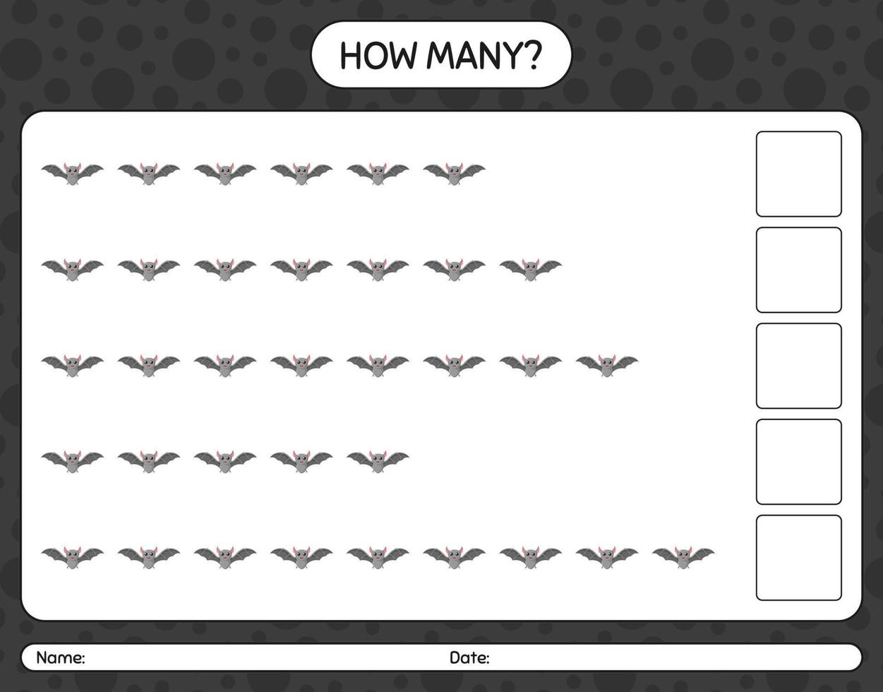 How many counting game with bat. worksheet for preschool kids, kids activity sheet vector