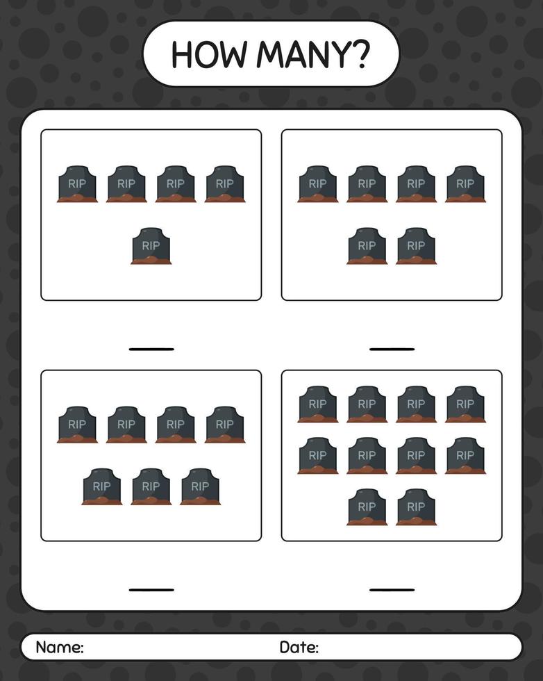 How many counting game with tombstone. worksheet for preschool kids, kids activity sheet vector