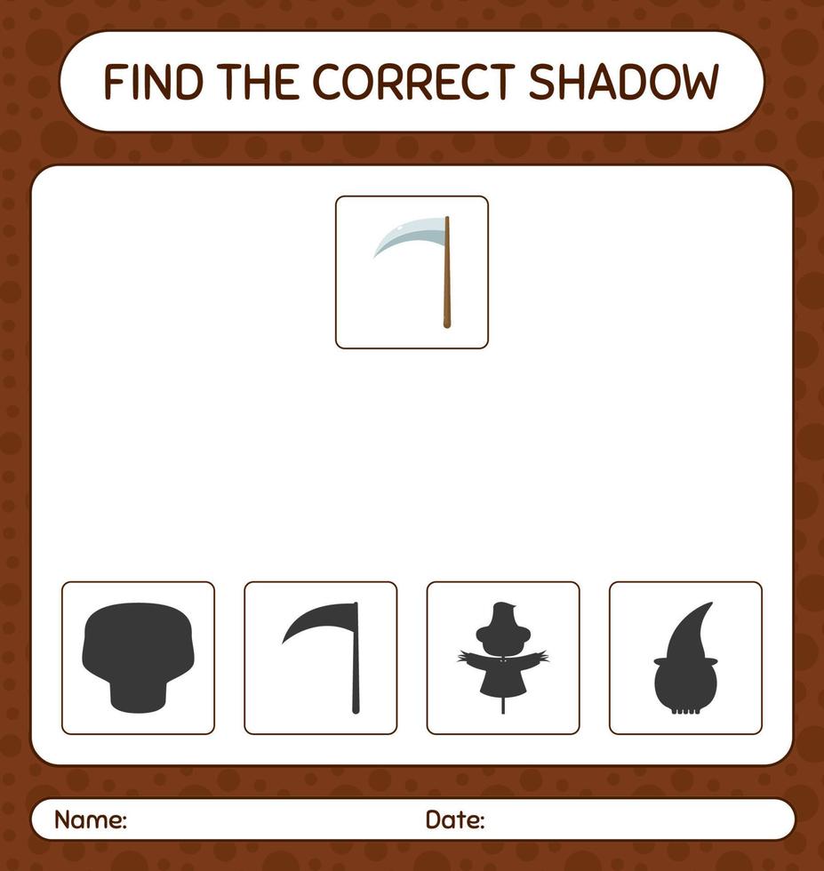 Find the correct shadows game with scythe. worksheet for preschool kids, kids activity sheet vector