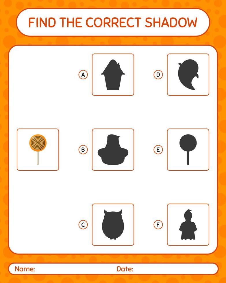 Find the correct shadows game with lollipop. worksheet for preschool kids, kids activity sheet vector