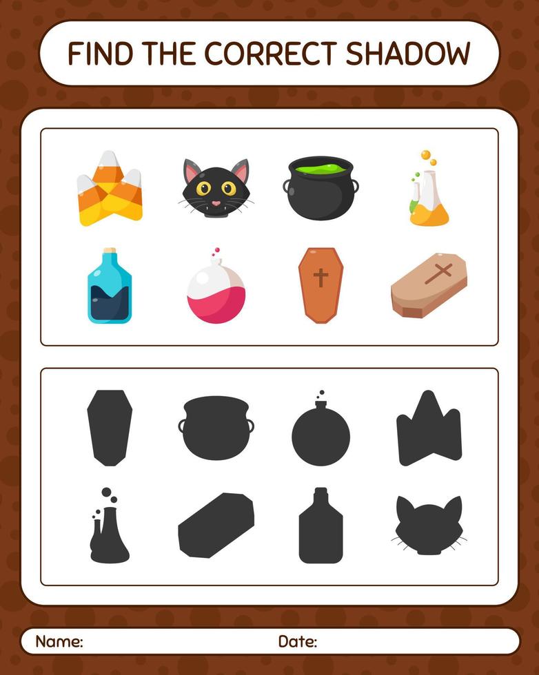 encuentra el juego de sombras correcto con el icono de halloween. hoja de trabajo para niños en edad preescolar, hoja de actividades para niños vector