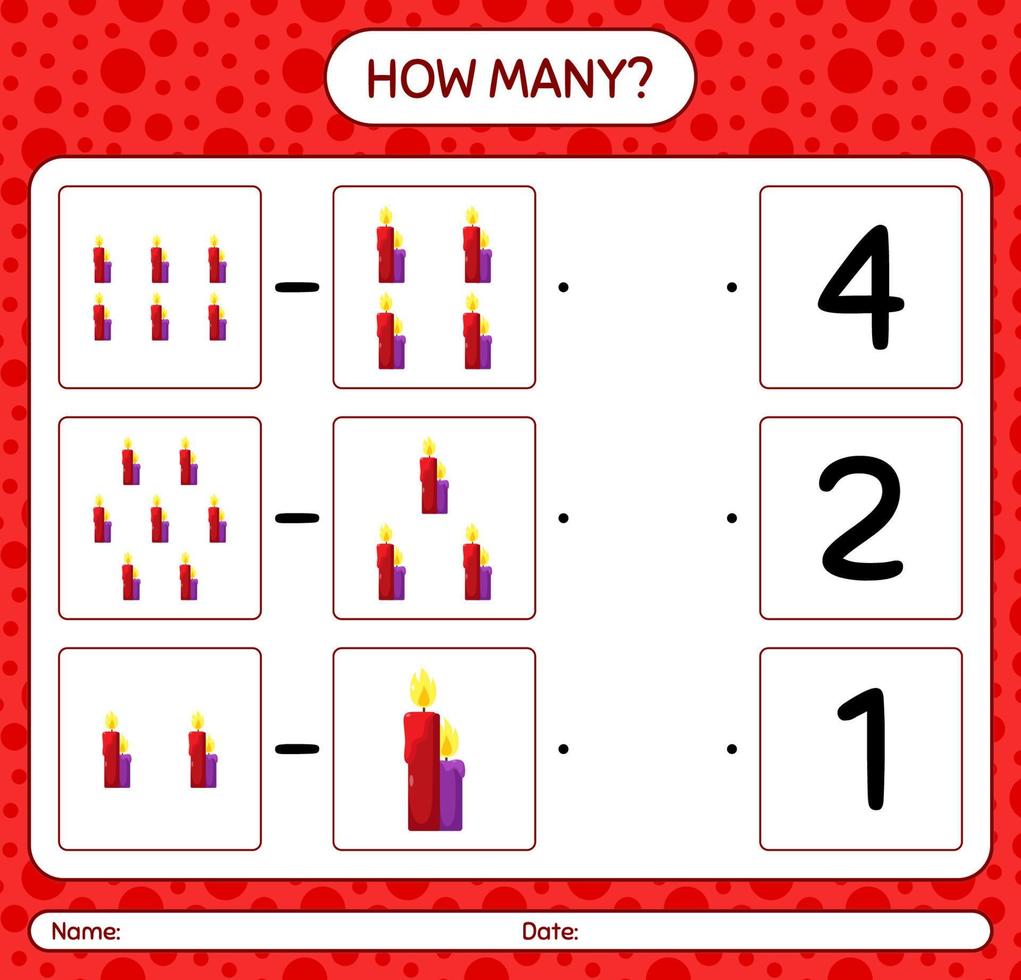 How many counting game with candle. worksheet for preschool kids, kids activity sheet vector